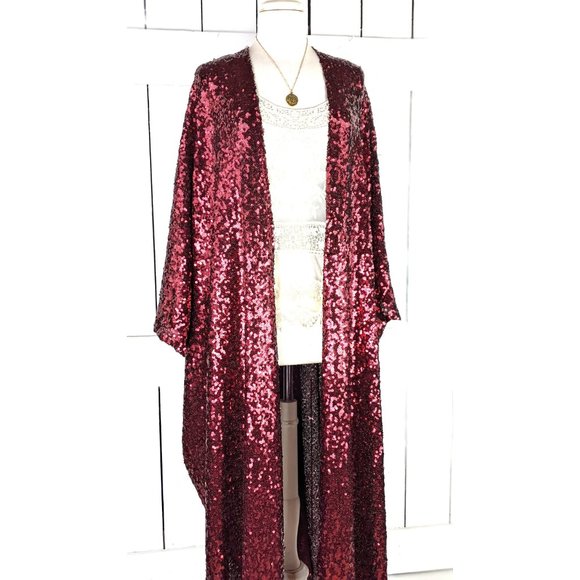 Red sequin beaded kimono cardigan jacket cover up one size - Picture 2 of 7